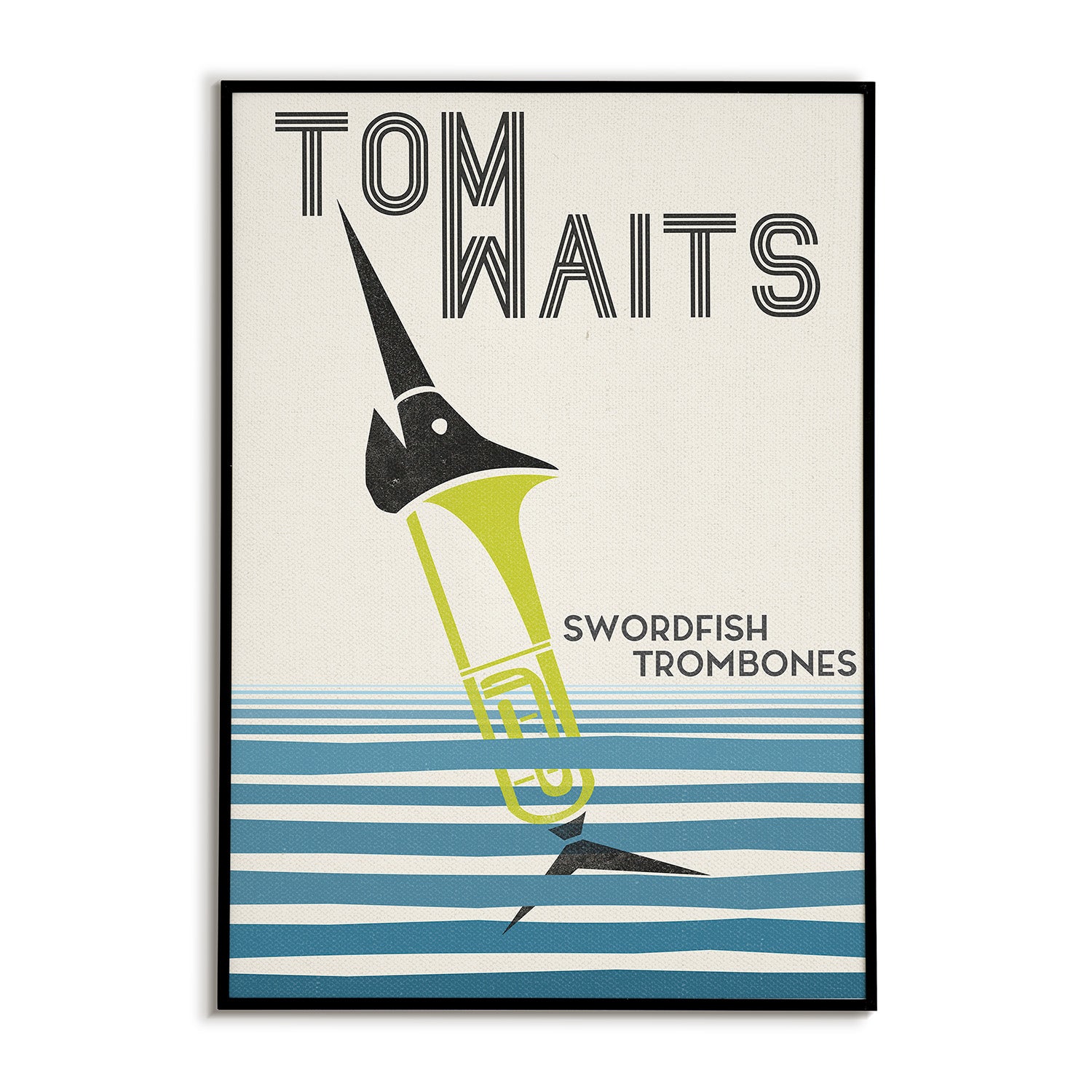 Poster of Tom Waits with a midcentury style swordfish trombone design on a striped background