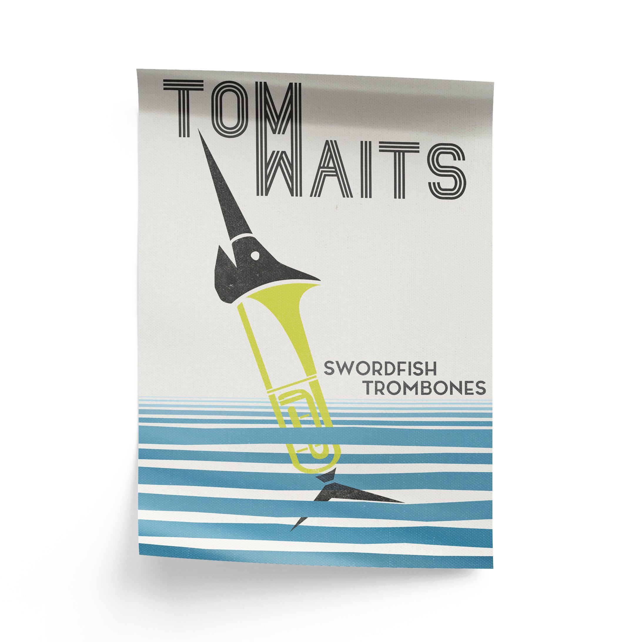Art print of 'Swordfish Trombones' by Tom Waits with a swordfish illustration on a striped background.