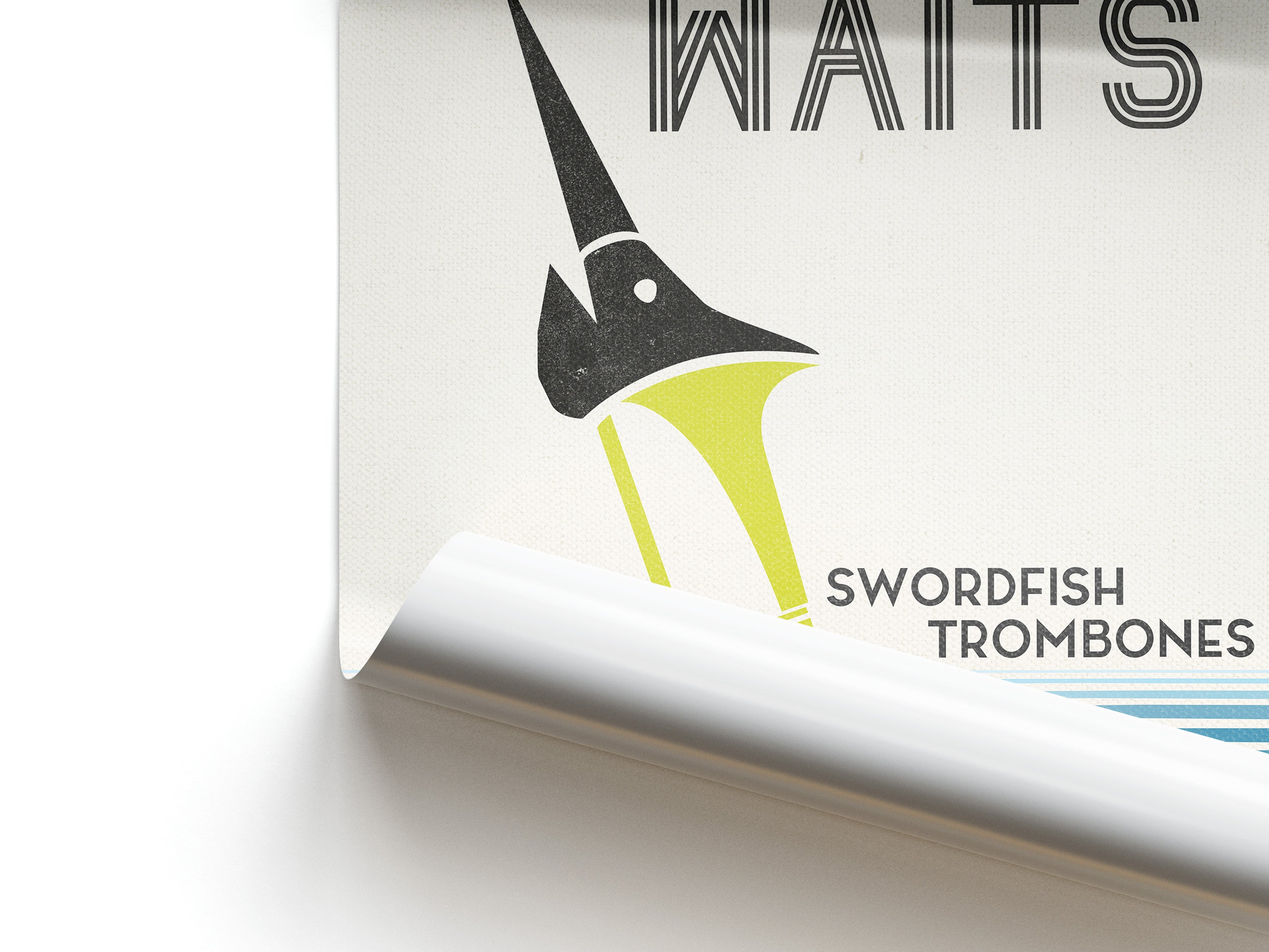Swordfish Trombones packaging with a stylized trombone illustration on a white background