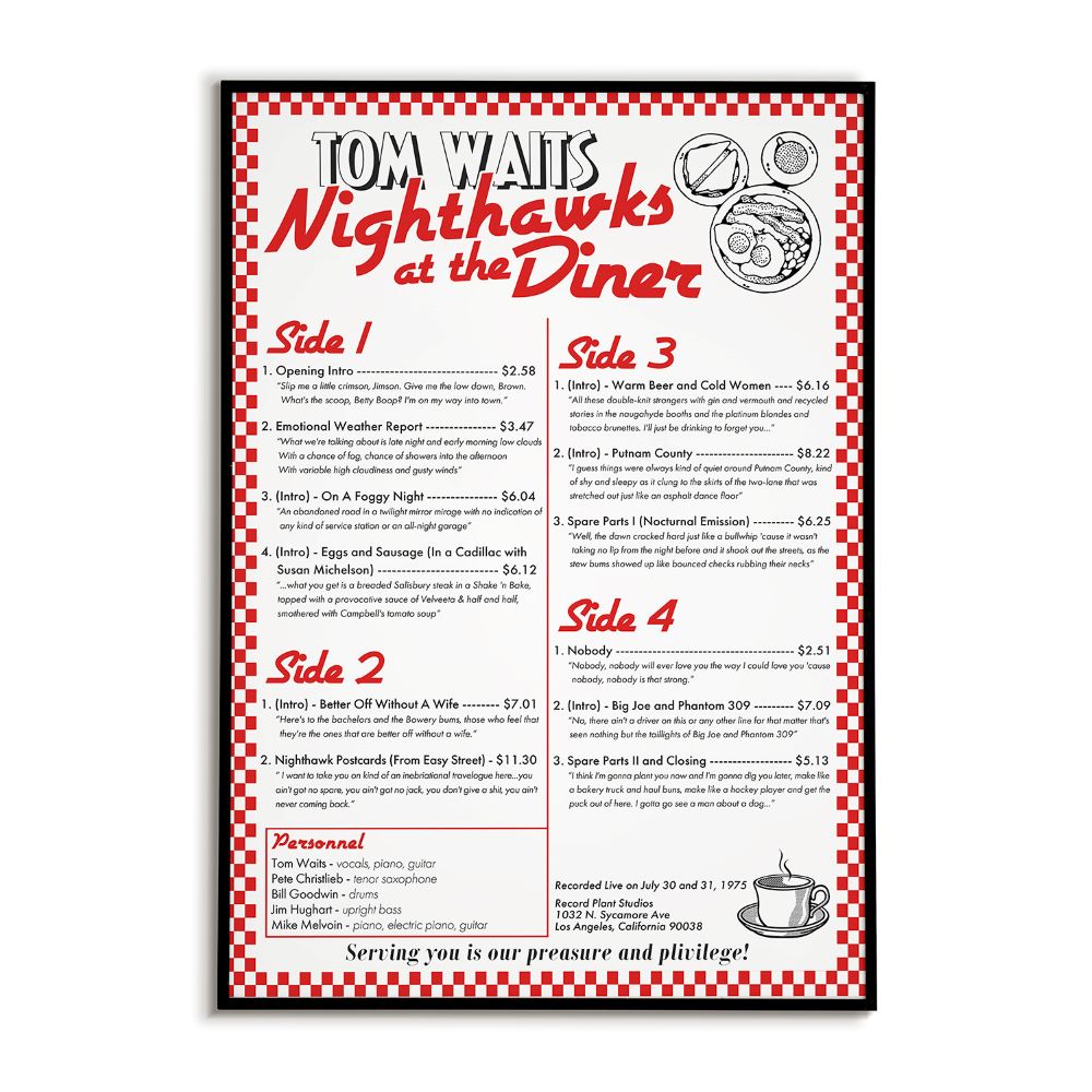 Poster for 'Nighthawks at the Diner' by Tom Waits with a red and white checkered border. Styled to look like a retro diner menu.
