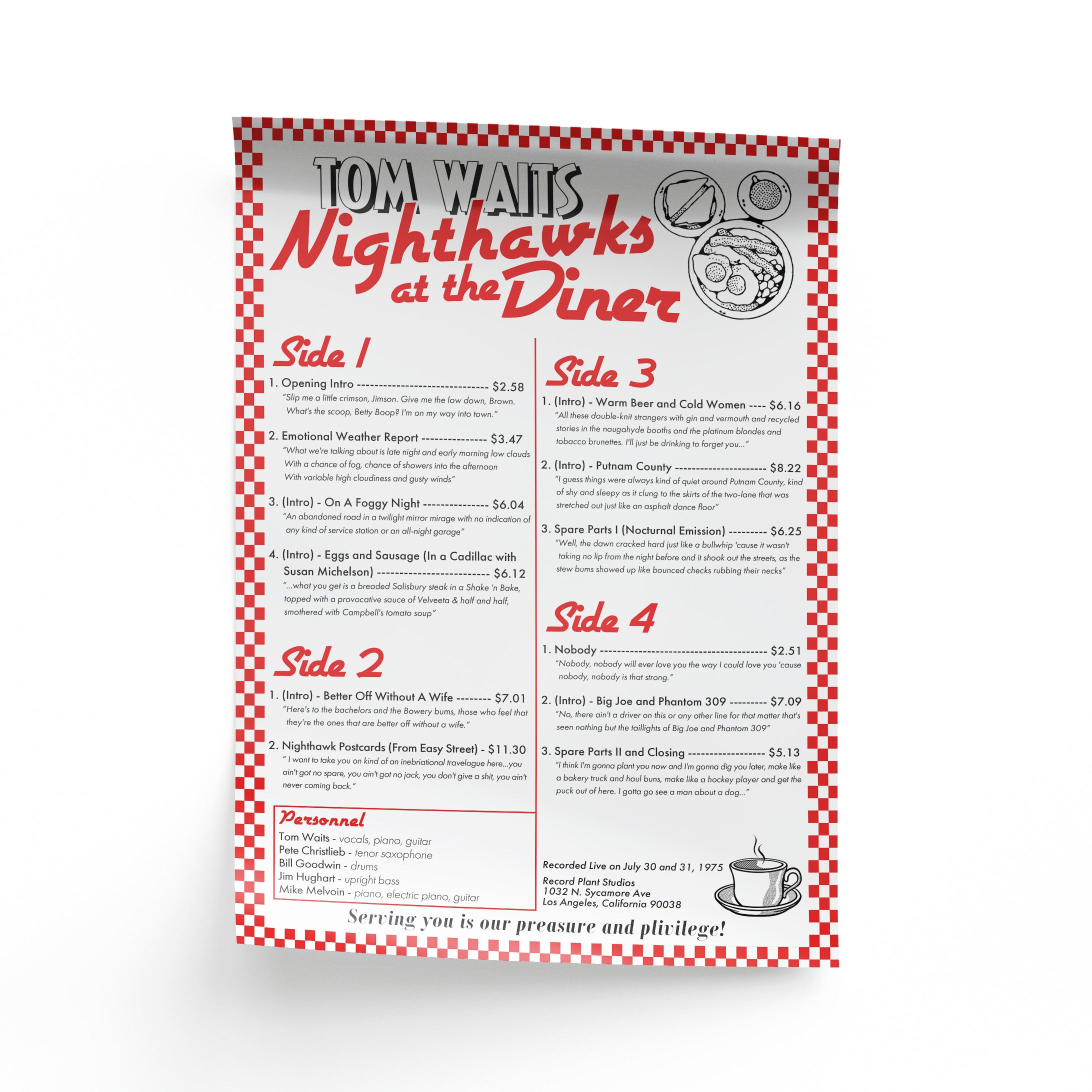 Red and white art print for Tom Waits' album Nighthawks at the Diner. Features the full track list and lyric quotes designed to look like a vintage restaurant menu.