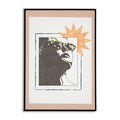 Framed artwork with a stylized portrait and abstract elements on a white background