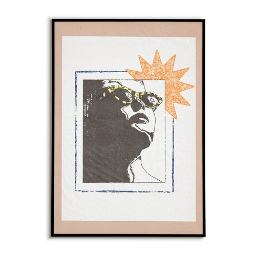 Framed artwork with a stylized portrait and abstract elements on a white background