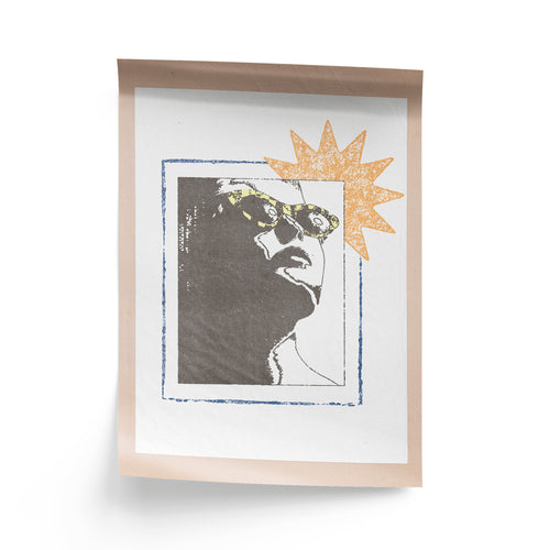 Framed artwork with a stylized portrait and decorative elements on a white background