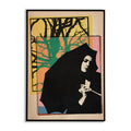 Framed artwork of a silhouette holding an umbrella with colorful abstract background