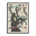 Framed artwork of a stylized figure with colorful polka dots on a white background