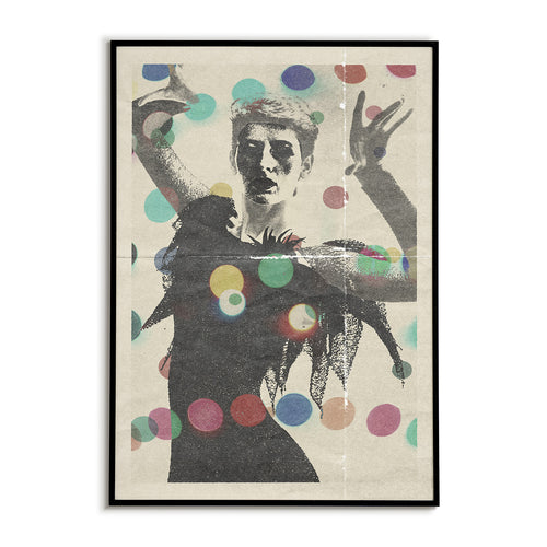 Framed artwork of a stylized figure with colorful polka dots on a white background