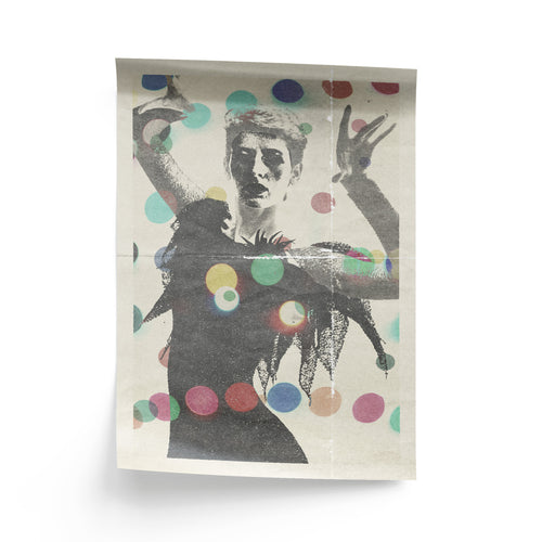 Artistic depiction of a figure with colorful polka dots on a white background