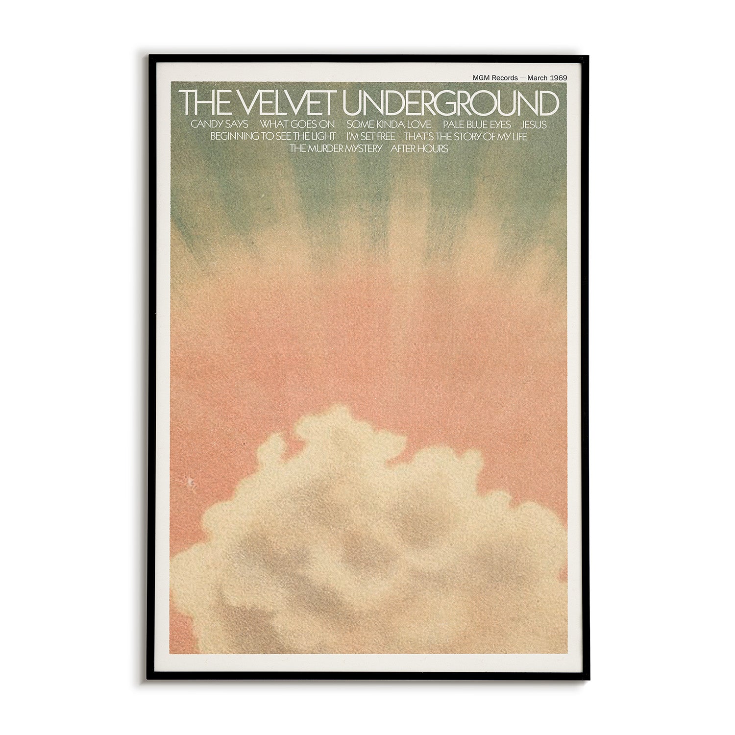 Poster of 'The Velvet Underground' album cover with cloud and gradient design.