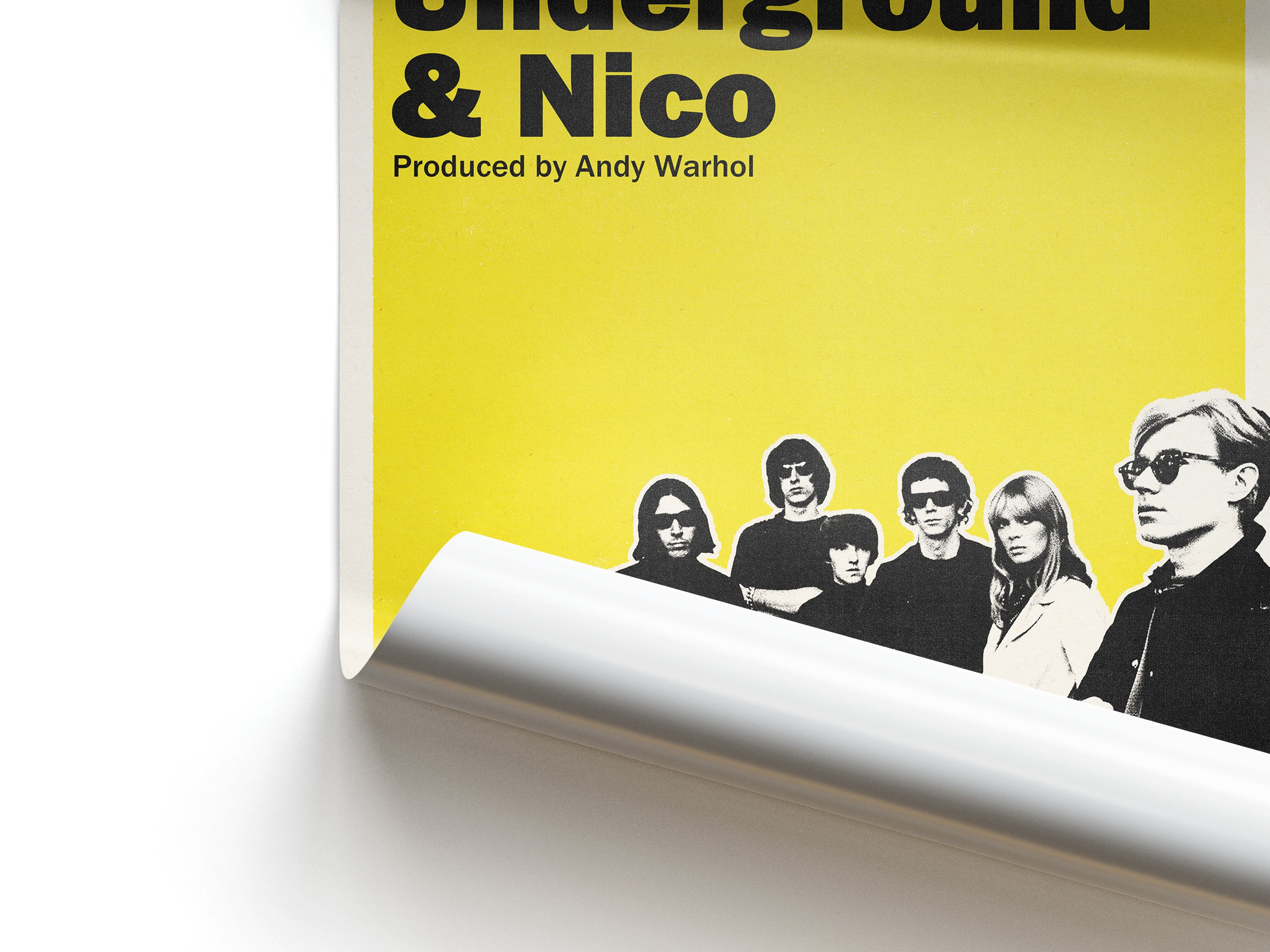 Album cover with black and white silhouette of people on a yellow background, featuring text about Andy Warhol.