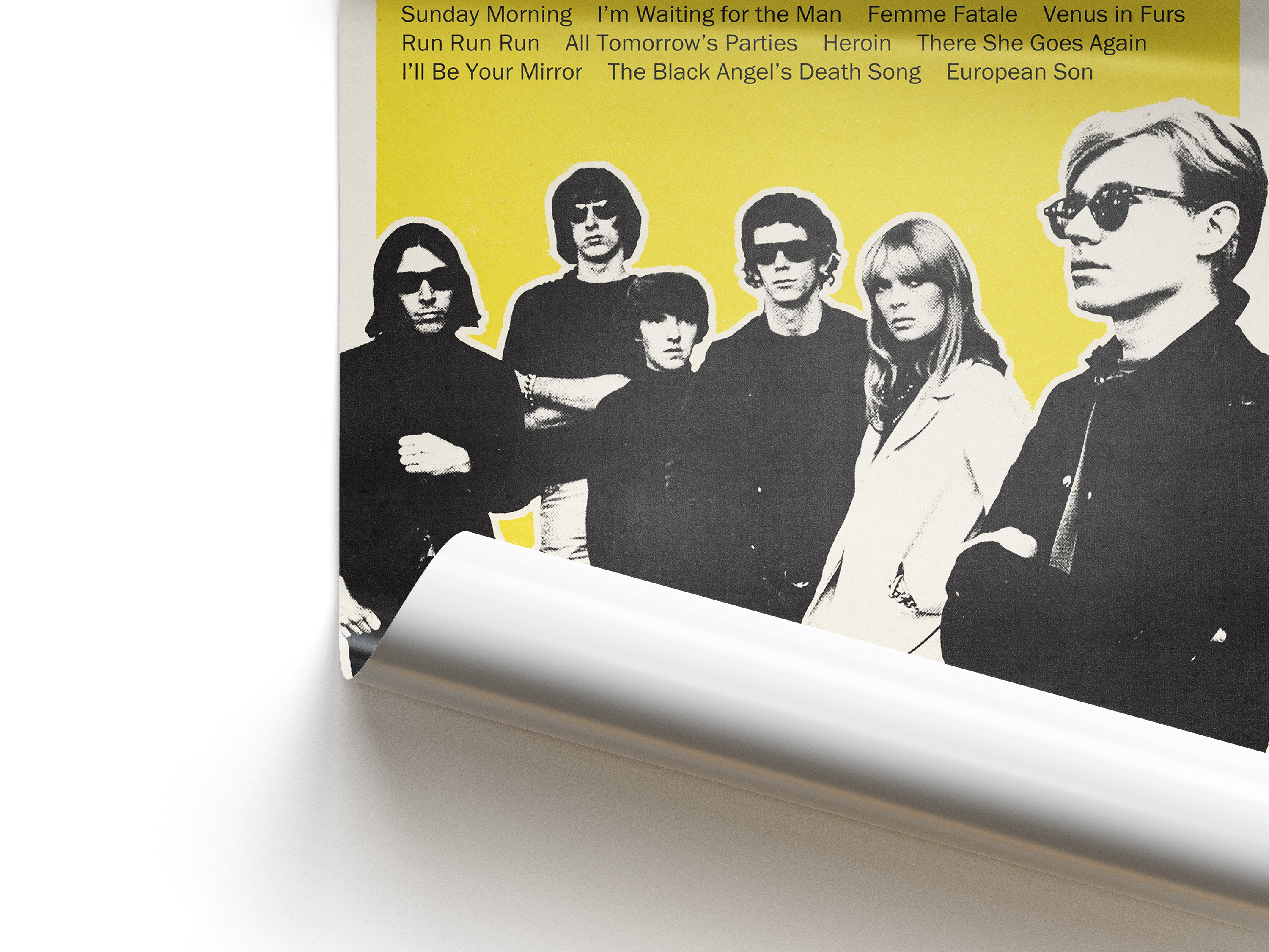 Album cover with band members and song titles on a yellow background