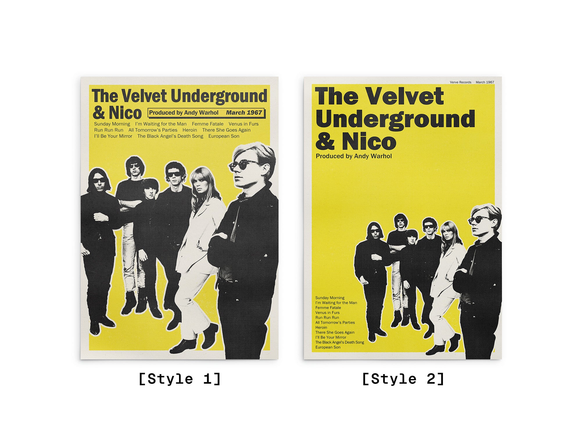 Two album covers of 'The Velvet Underground & Nico' with a yellow background and black and white images of band members.