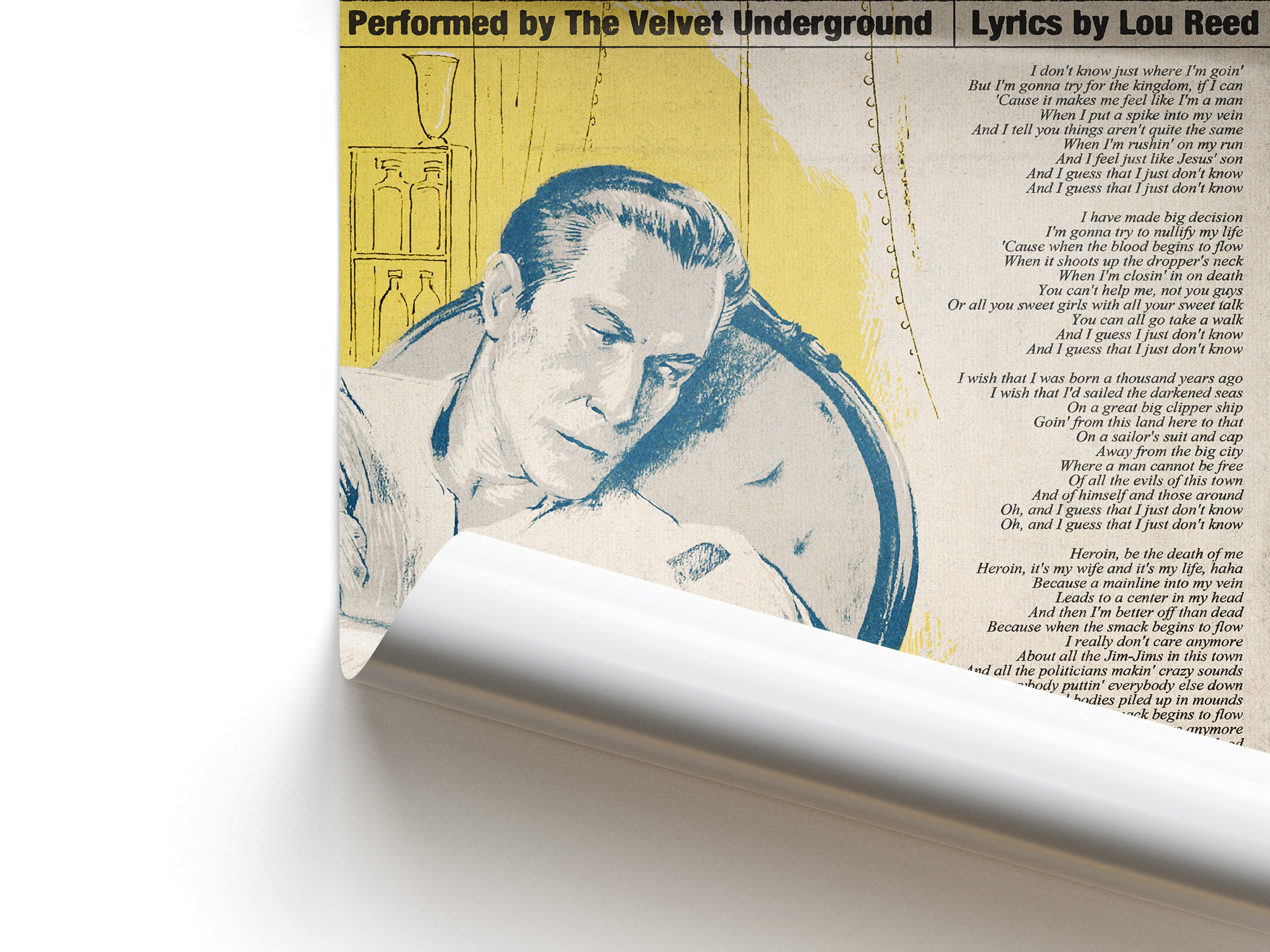 Book page with a portrait of a man and lyrics by Lou Reed, performed by The Velvet Underground.