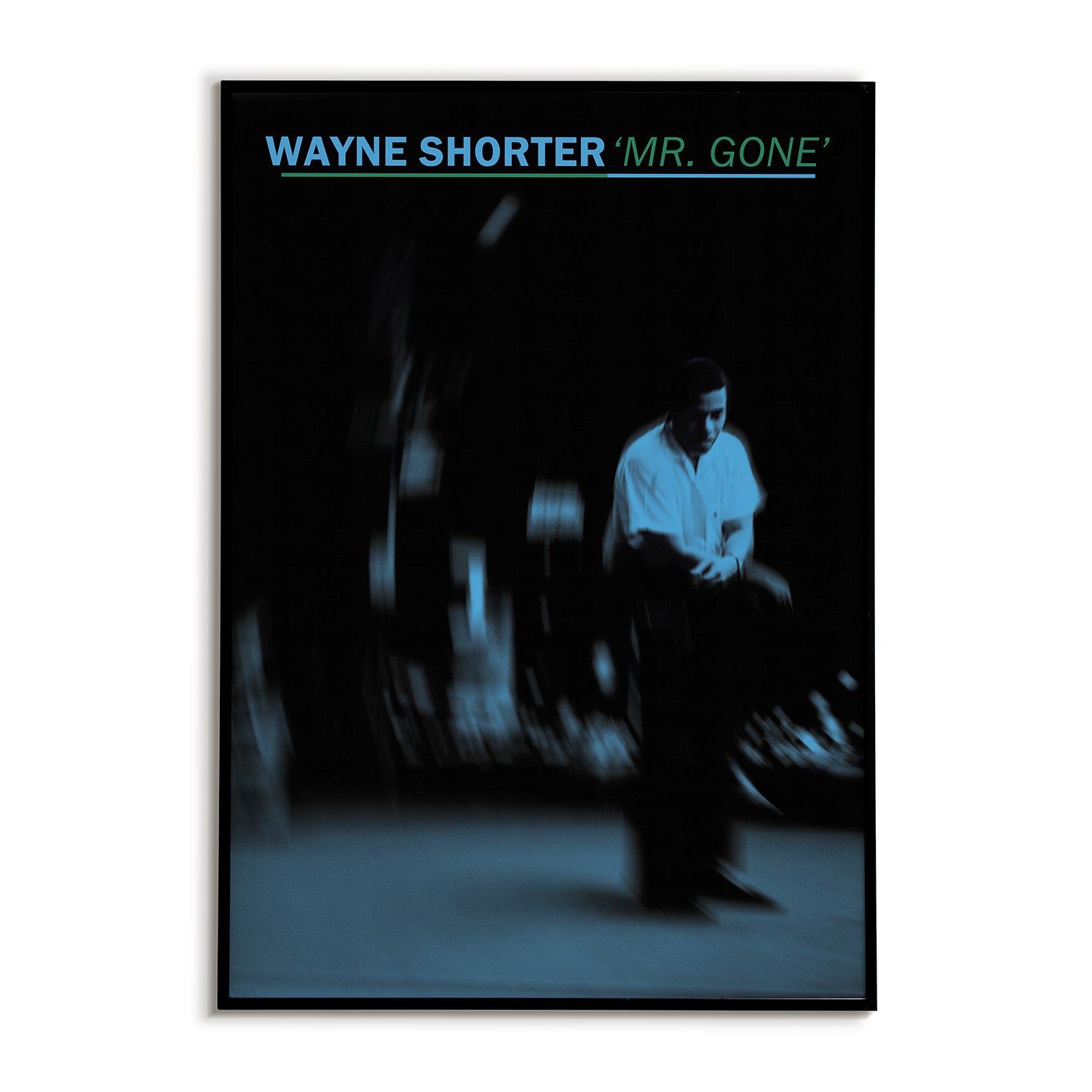 Retro jazz poster featuring bold typography and a picture of Wayne Shorter with a spiral blur effect.