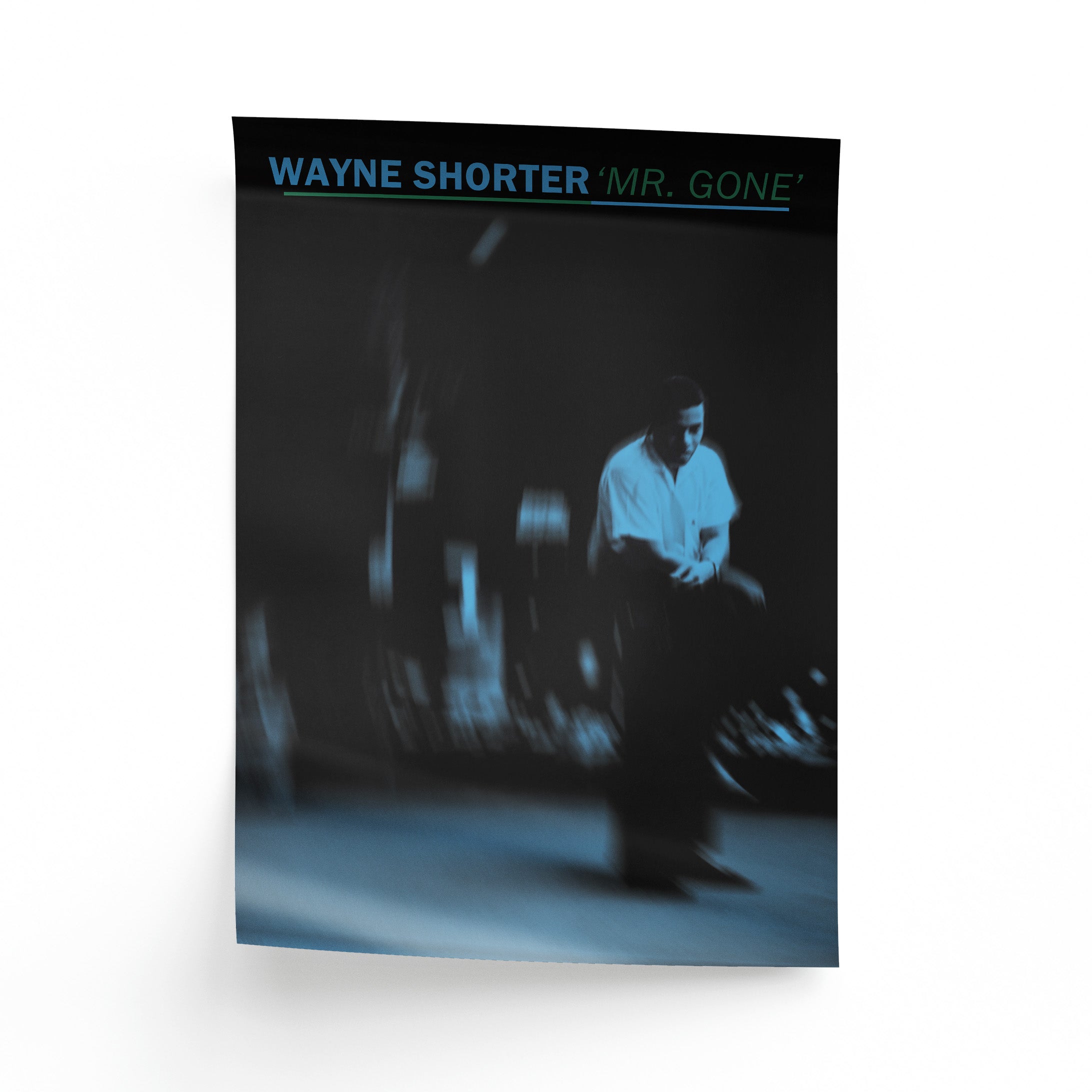 Retro style Wayne Shorter saxophonist poster with 1960s blue note inspired color palette and layout
