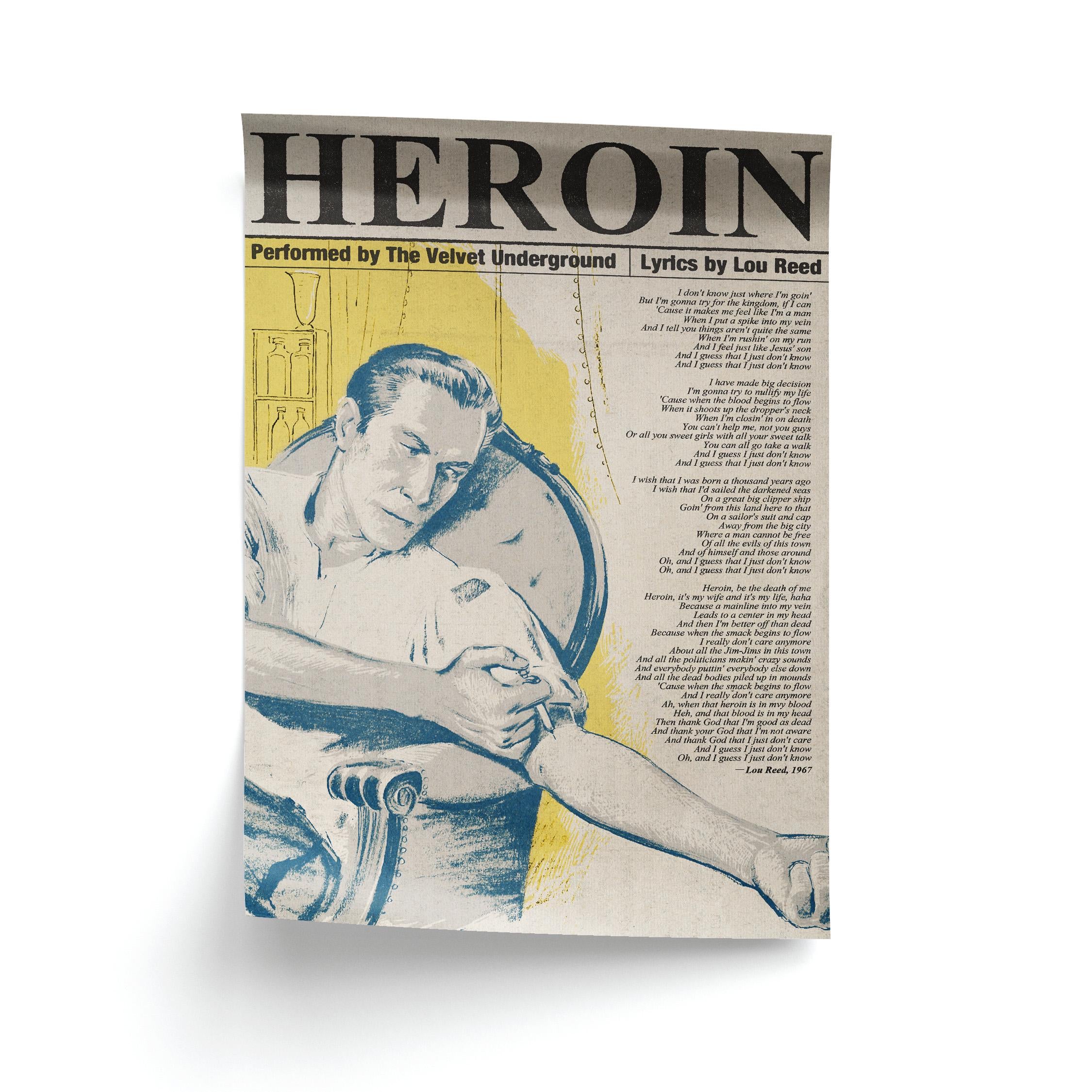 Album cover for 'Heroin' by The Velvet Underground with a vintage illustration of a person holding a syringe. Includes the complete lyrics to the song as well as performance and songwriting credits to Lou Reed.