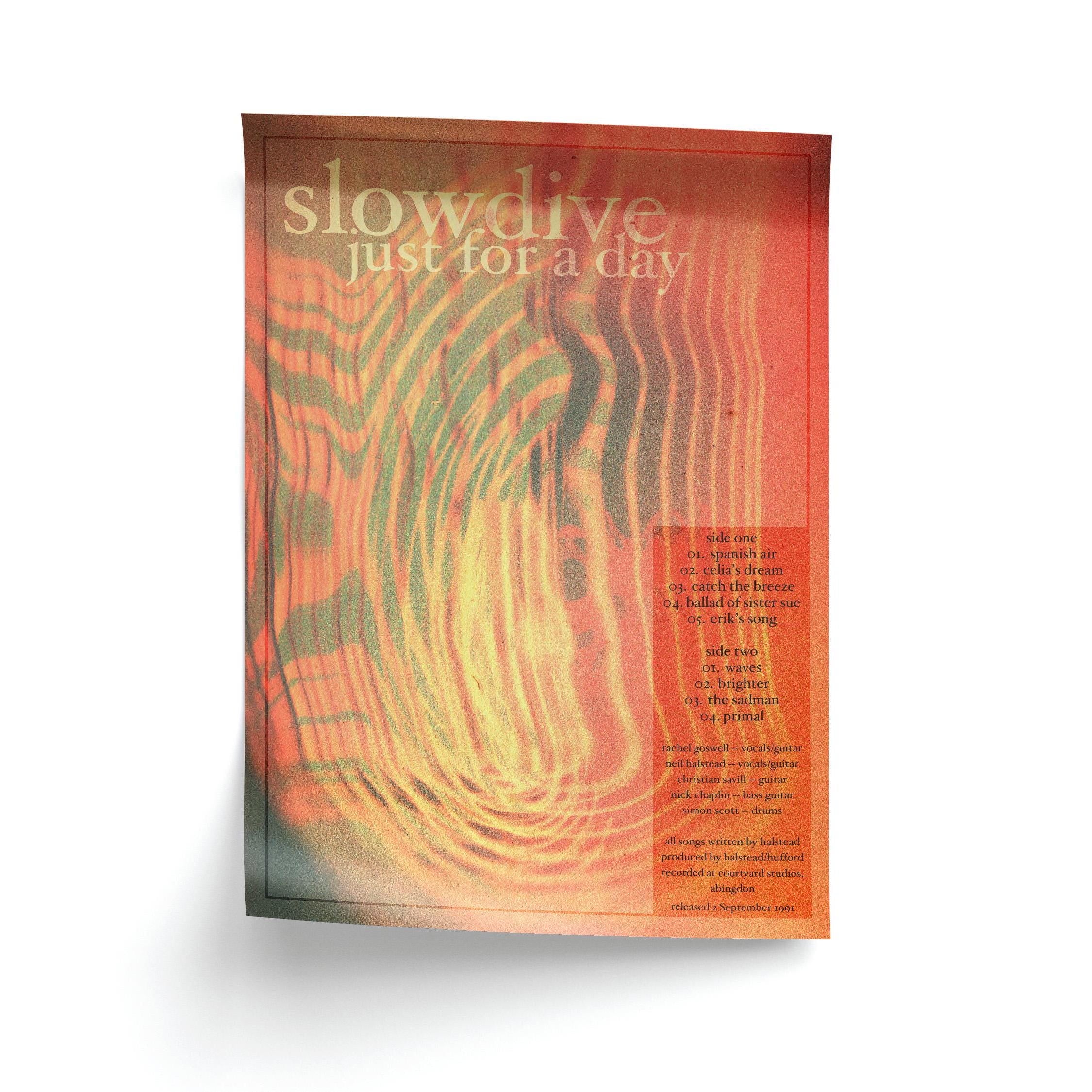 Slowdive Just For A Day album poster featuring surrealist psychedelic artwork with full track list and band credits
